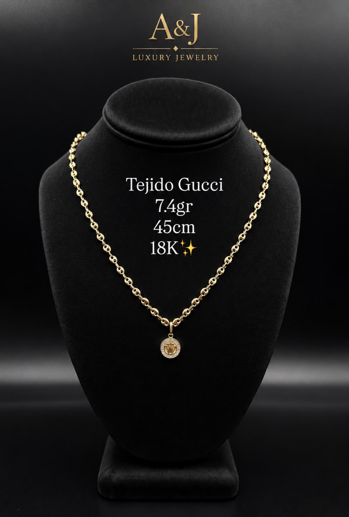 18K Italian Gold Gucci Link Crown Pendant Necklace | 7.5g | 45cm